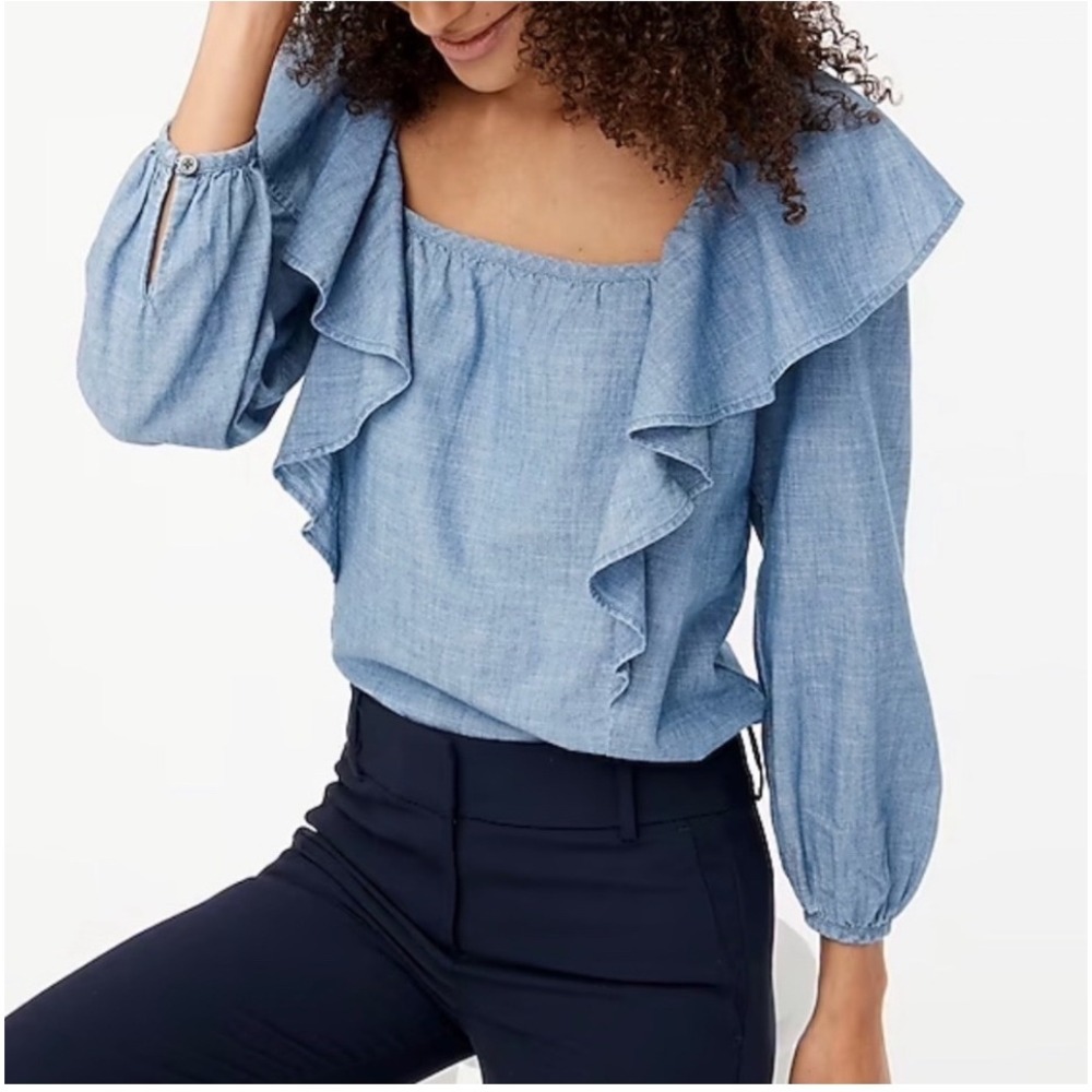 J. Crew Chambray Ruffle Square Neck Long Sleeve Top Blouse Blue Size XS BK626‎